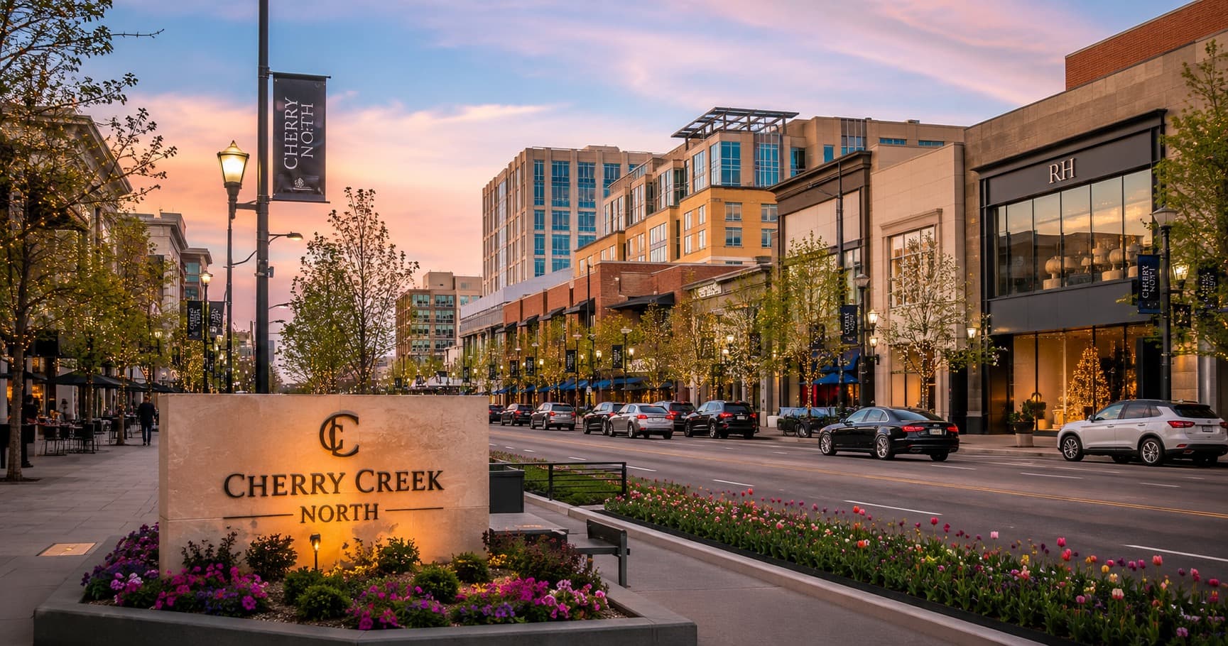 Cherry Creek North shopping district at dusk