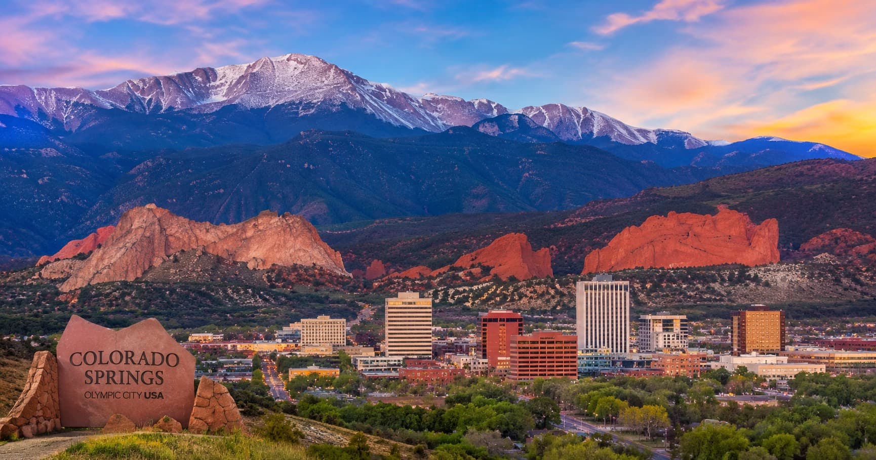 Pikes Peak and downtown Colorado Springs at sunset