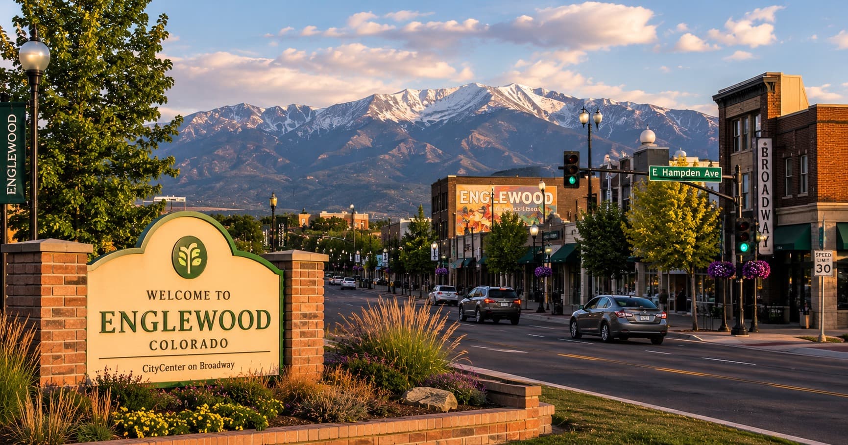 Welcome to Englewood sign on Broadway with the mountains behind