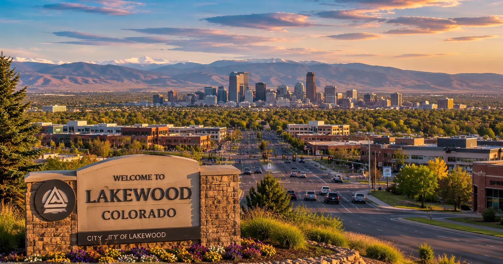 Welcome to Lakewood sign with the Denver skyline behind