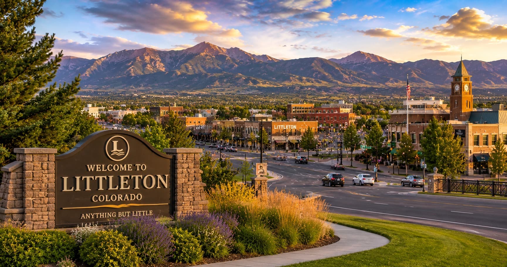 Welcome to Littleton sign with downtown Littleton and the foothills behind