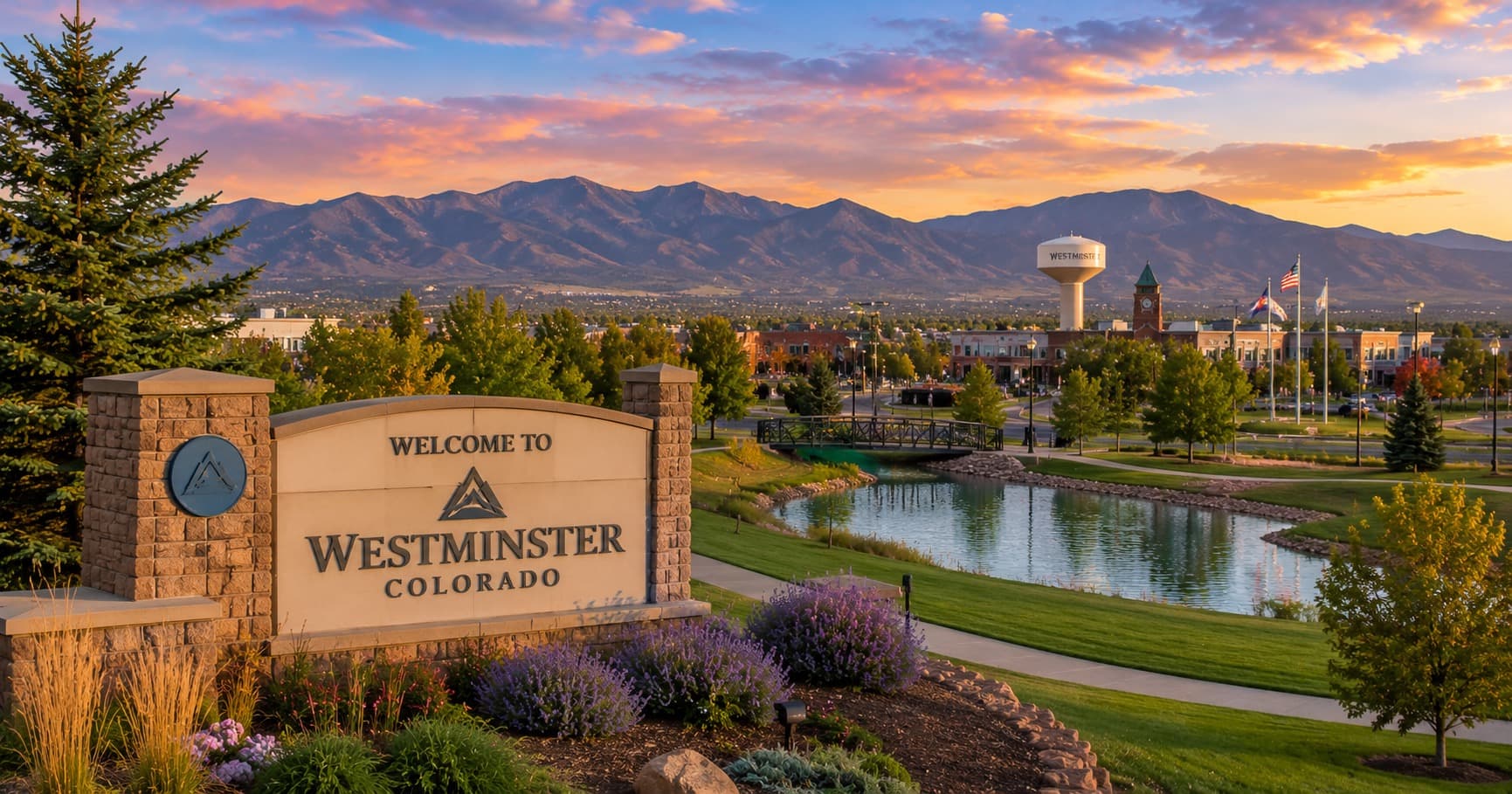 Welcome to Westminster sign with the Front Range at sunset