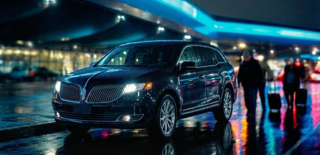 Black Lincoln sedan waiting at the Denver International Airport curb at night